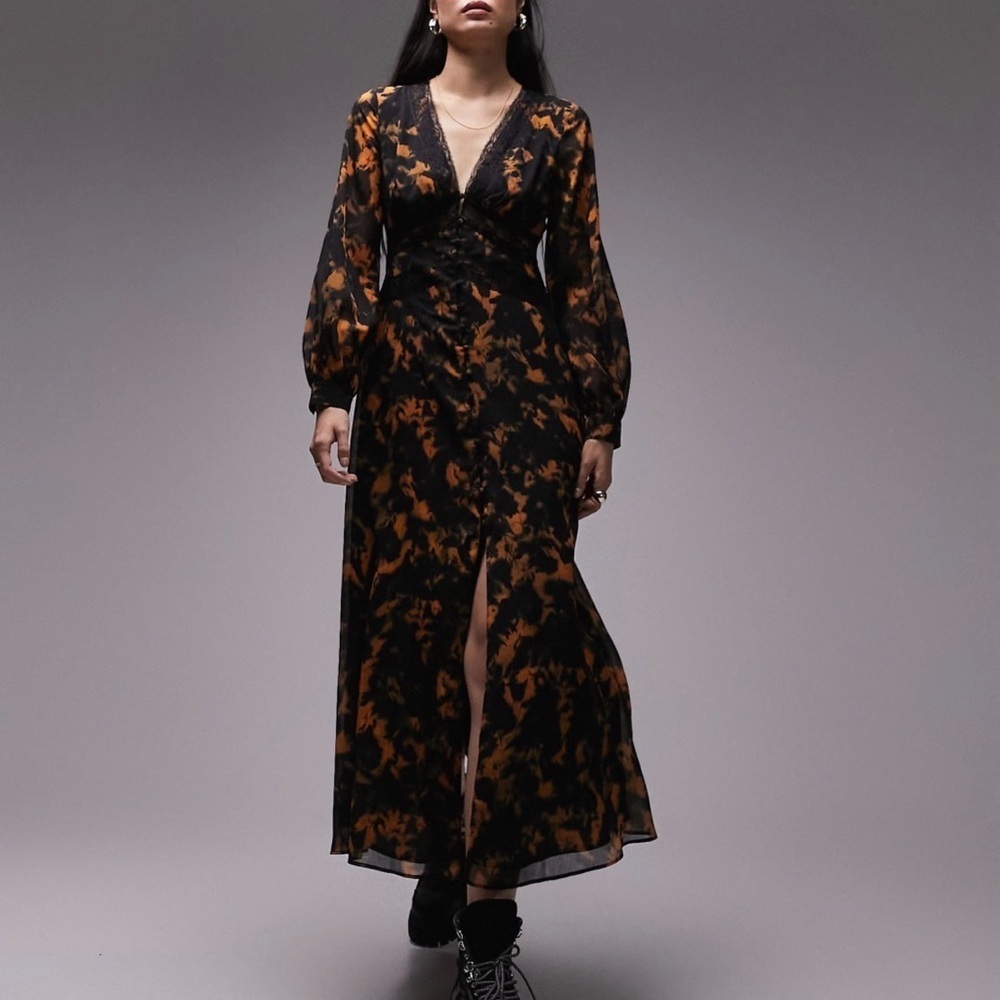 Top Shop Abstract Floral Elegant Black and Orange Maxi Dress - Picture 1 of 9